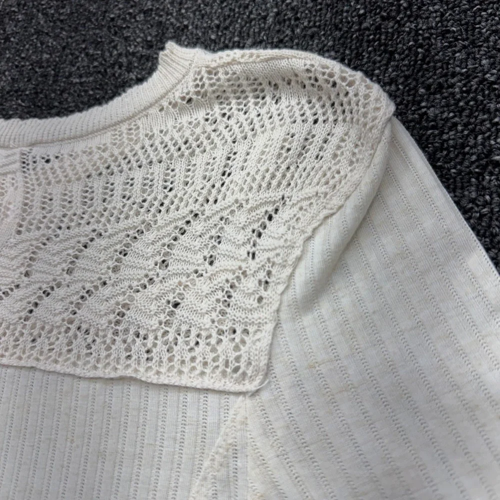 Free People Crochet Lace Ribbed Top Womens XS Cream good boho layering